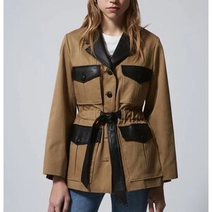NWT Kooples Cotton Jacket Beige And Black Leather